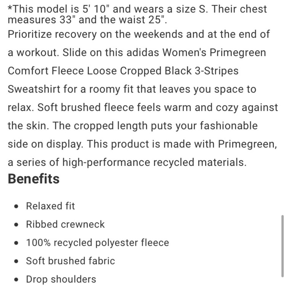 adidas Women's Primegreen Comfort Fleece Loose Cropped Black 3-Stripes T… - Picture 15 of 16